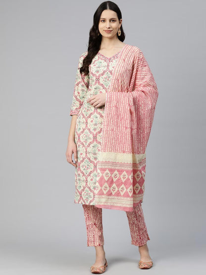 Straight Style Cotton Fabric Cream & Pink Color Kurti And Bottom With Dupatta