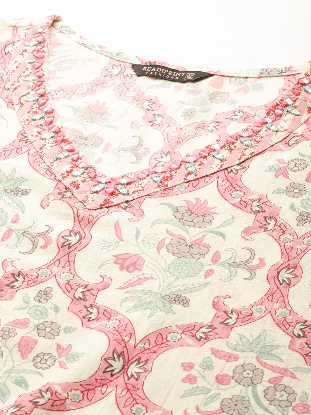 Straight Style Cotton Fabric Cream & Pink Color Kurti And Bottom With Dupatta