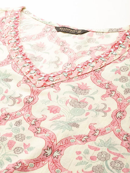 Straight Style Cotton Fabric Cream & Pink Color Kurti And Bottom With Dupatta