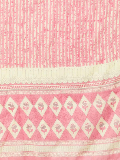 Straight Style Cotton Fabric Cream & Pink Color Kurti And Bottom With Dupatta