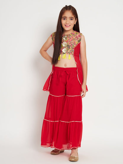 Straight Style Georgette Fabric Red Color Top And Sharara