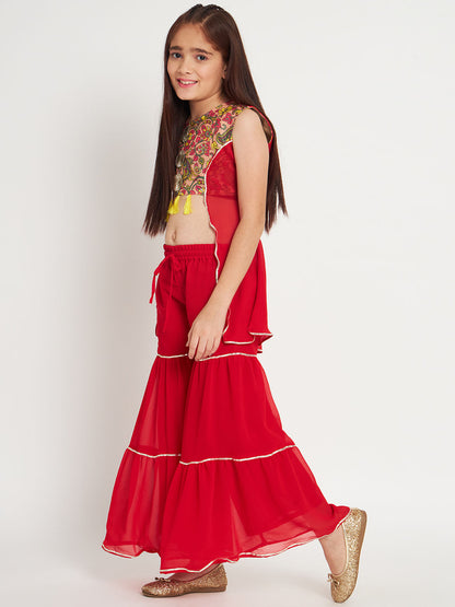 Straight Style Georgette Fabric Red Color Top And Sharara