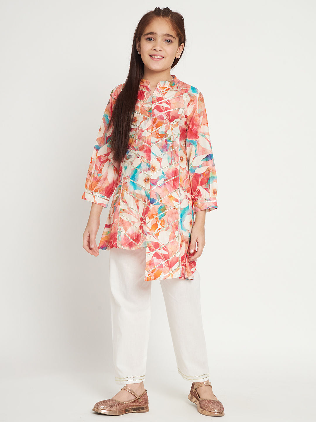 A Line Style Cotton Fabric Peach Color Kurti And Pyjama