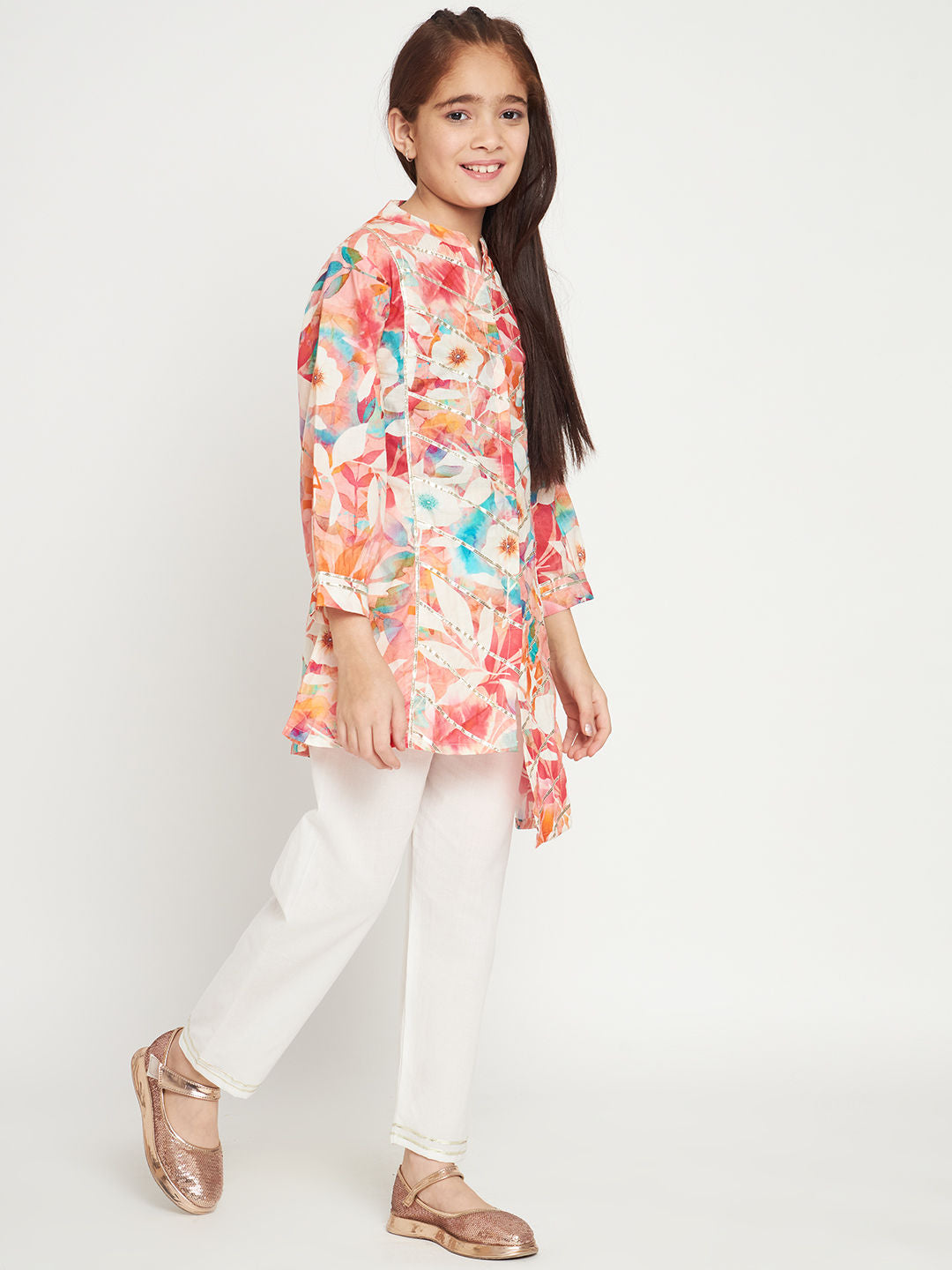 A Line Style Cotton Fabric Peach Color Kurti And Pyjama