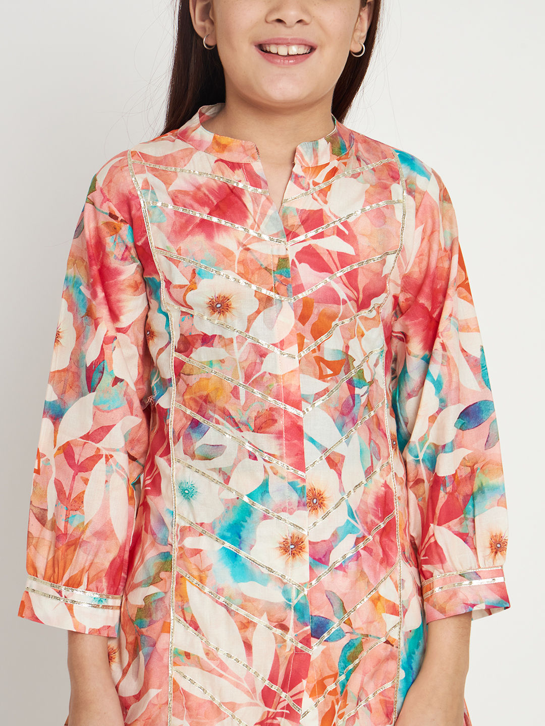 A Line Style Cotton Fabric Peach Color Kurti And Pyjama