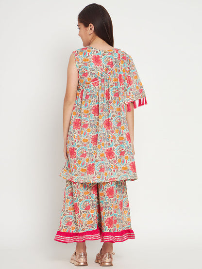 Frock Style Cotton Fabric Pink Color Kurti And A Line Palazzo