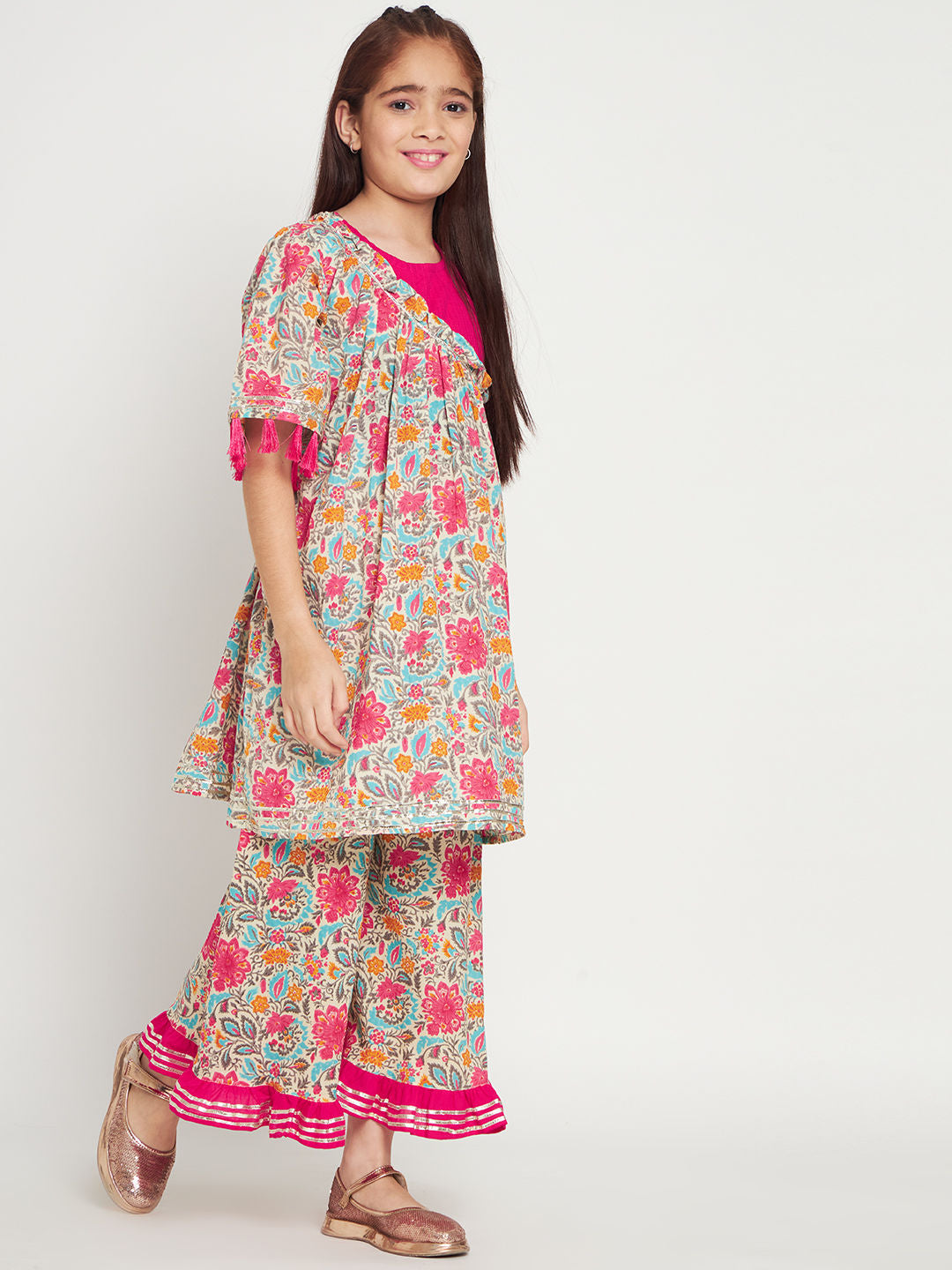 Frock Style Cotton Fabric Pink Color Kurti And A Line Palazzo