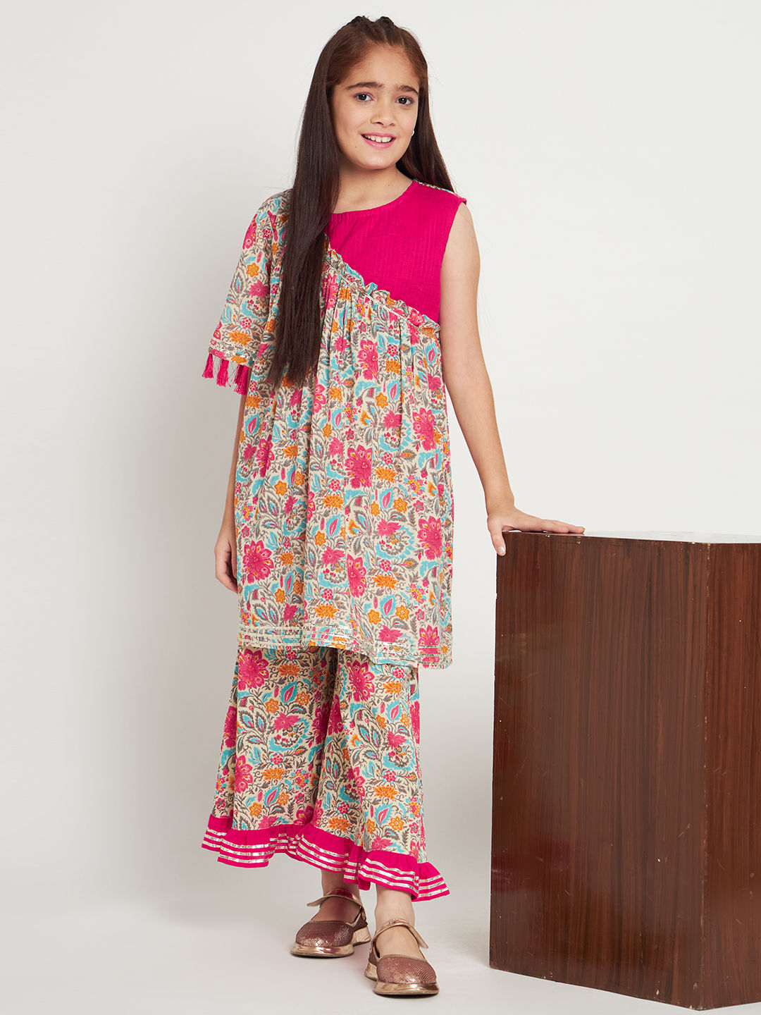 Frock Style Cotton Fabric Pink Color Kurti And A Line Palazzo