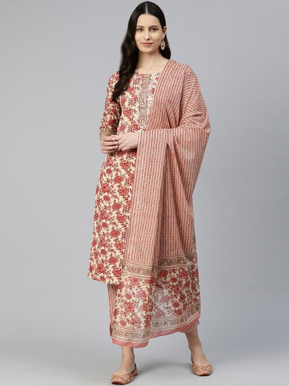 Straight Style Cotton Fabric Beige Color Kurti And Bottom With Dupatta