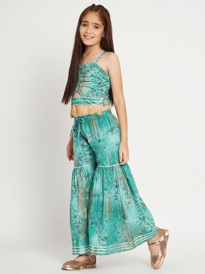 Crop Top Style Cotton Fabric Turquoise Blue Color Top With Sharara