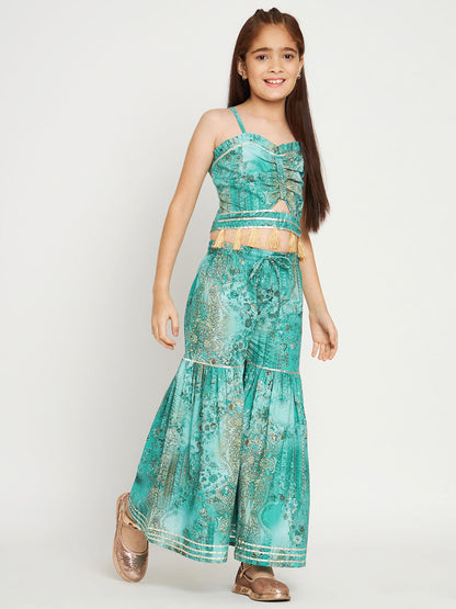Crop Top Style Cotton Fabric Turquoise Blue Color Top With Sharara