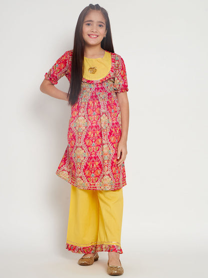 Frock Style Cotton Fabric Pink Color Kurti And Palazzo