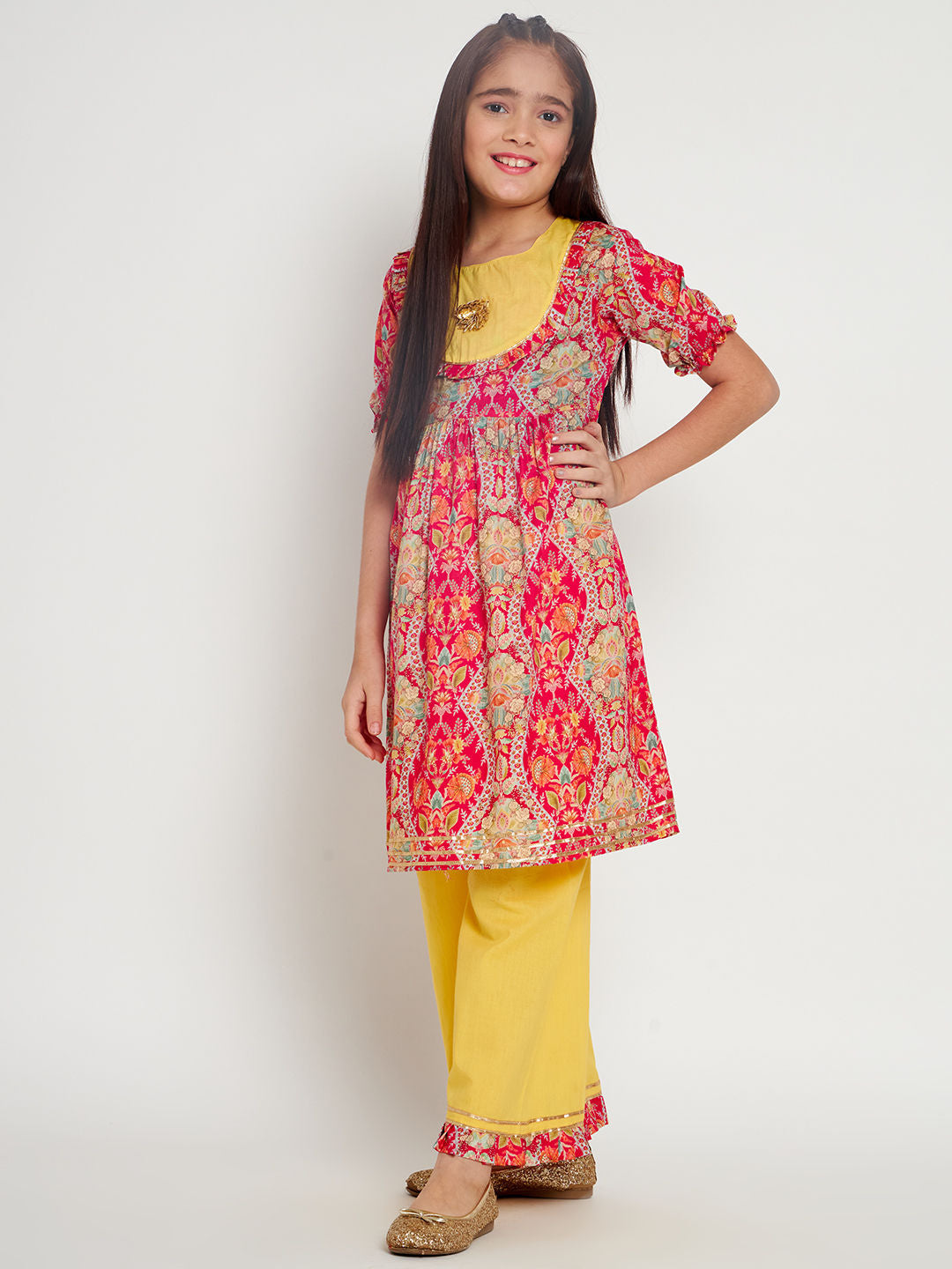 Frock Style Cotton Fabric Pink Color Kurti And Palazzo