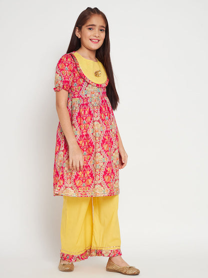 Frock Style Cotton Fabric Pink Color Kurti And Palazzo