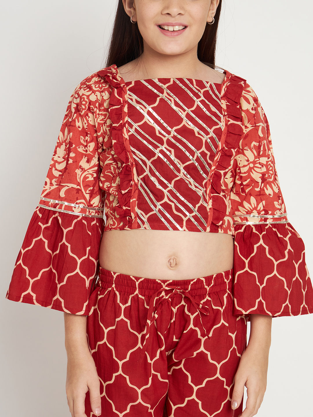 Straight Style Cotton Fabric Red Color Top And Pyjama
