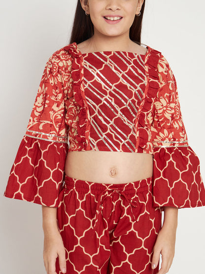 Straight Style Cotton Fabric Red Color Top And Pyjama
