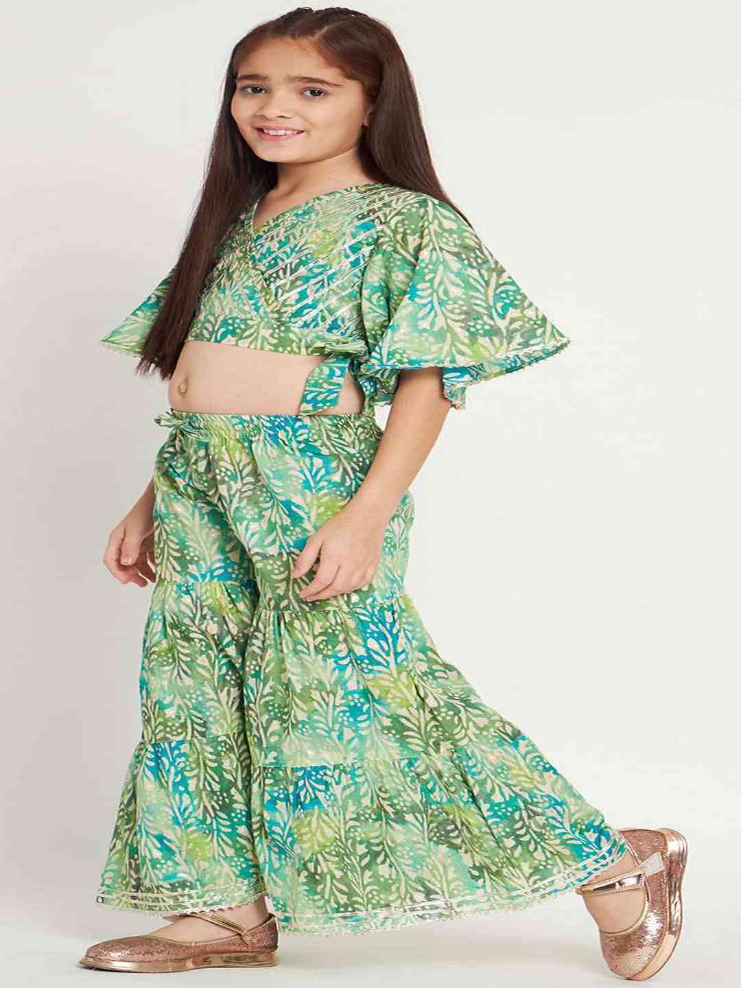 Straight Style Cotton Fabric Green Color Top And Sharara