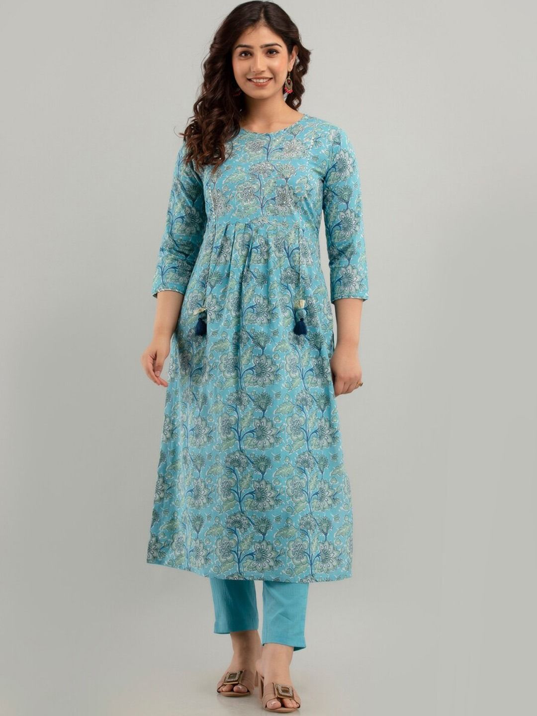 Anarkali Style Cotton Fabric Blue Color Kurti And Bottom