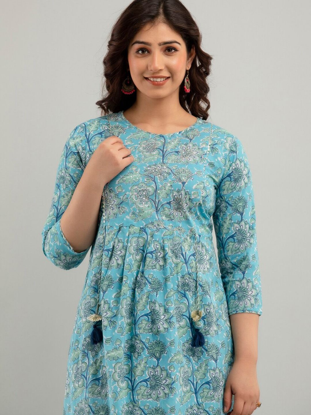 Anarkali Style Cotton Fabric Blue Color Kurti And Bottom