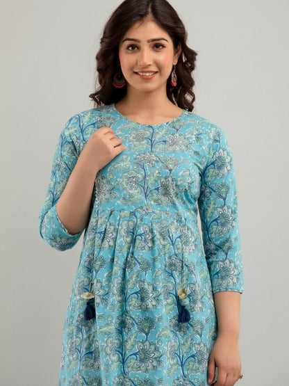 Anarkali Style Cotton Fabric Blue Color Kurti And Bottom