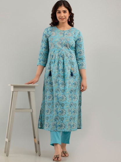 Anarkali Style Cotton Fabric Blue Color Kurti And Bottom