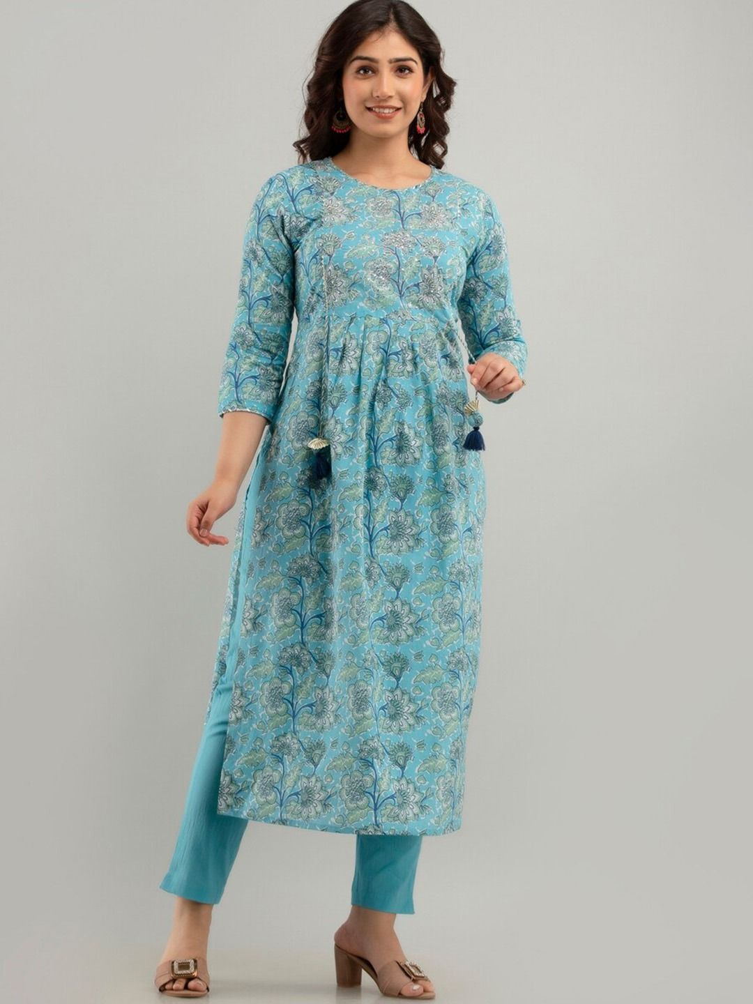 Anarkali Style Cotton Fabric Blue Color Kurti And Bottom