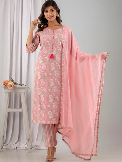 Straight Style Cotton Fabric Pink Color Kurti And Bottom With Dupatta