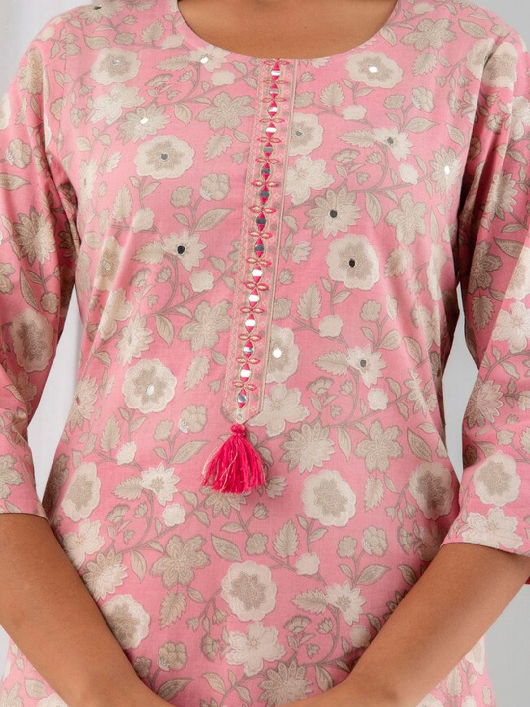 Straight Style Cotton Fabric Pink Color Kurti And Bottom With Dupatta