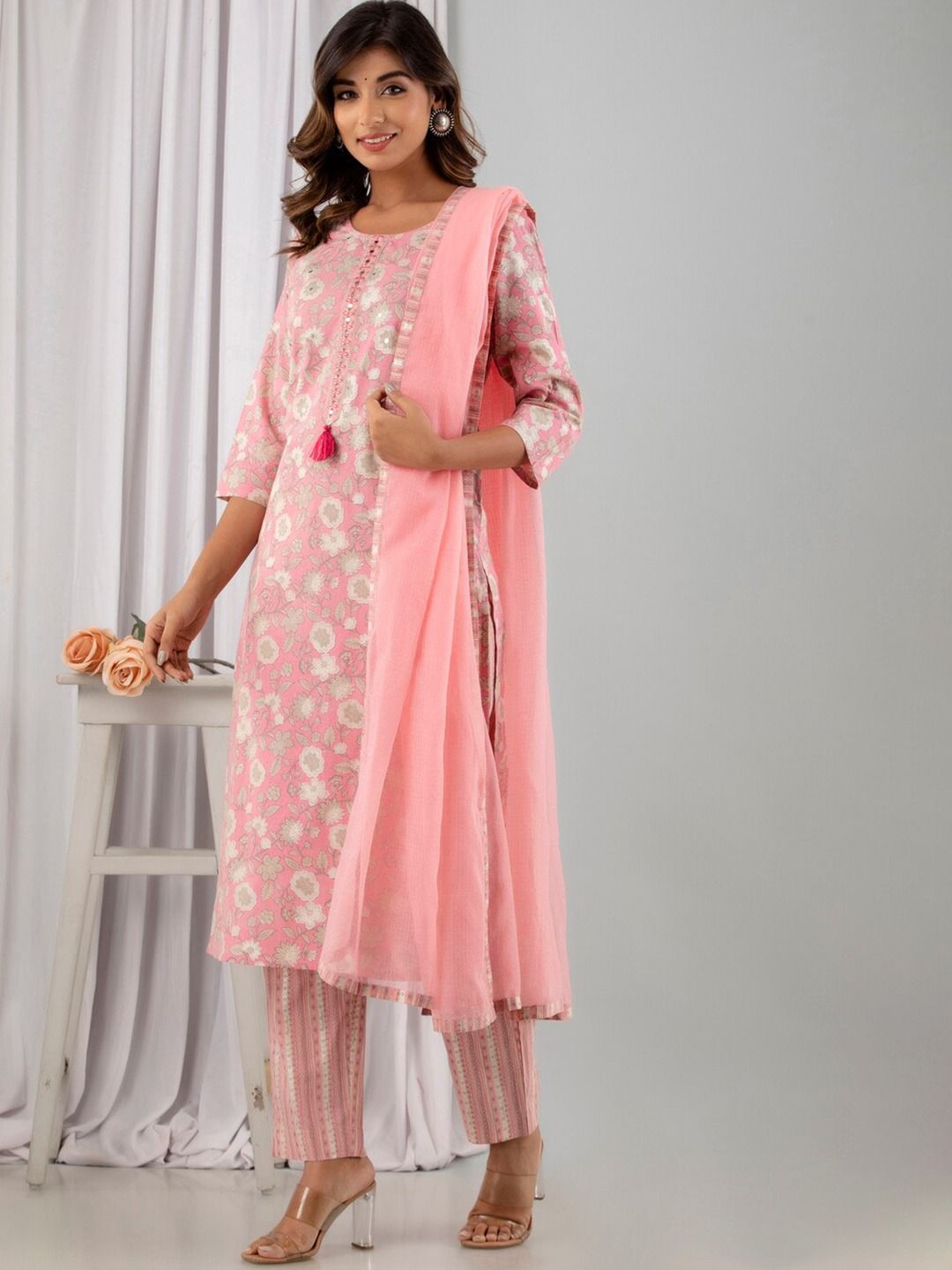 Straight Style Cotton Fabric Pink Color Kurti And Bottom With Dupatta