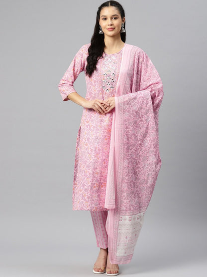 Straight Style Cotton Fabric Pink Color Kurti And Bottom With Dupatta