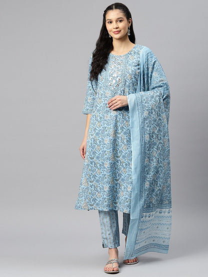 Straight Style Cotton Fabric Blue Color Kurti And Bottom With Dupatta