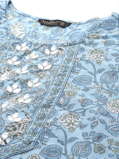 Straight Style Cotton Fabric Blue Color Kurti And Bottom With Dupatta