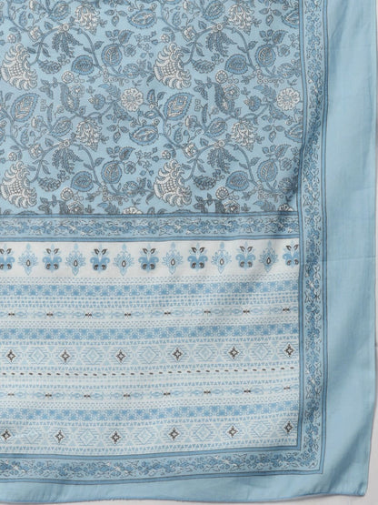 Straight Style Cotton Fabric Blue Color Kurti And Bottom With Dupatta