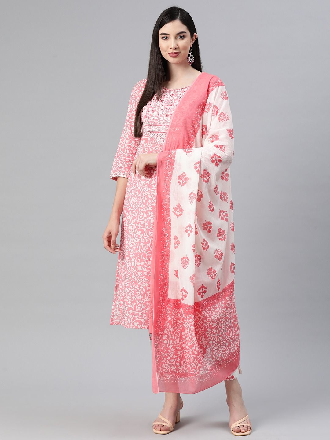 Straight Style Cotton Fabric Pink Color Kurti And Bottom With Dupatta