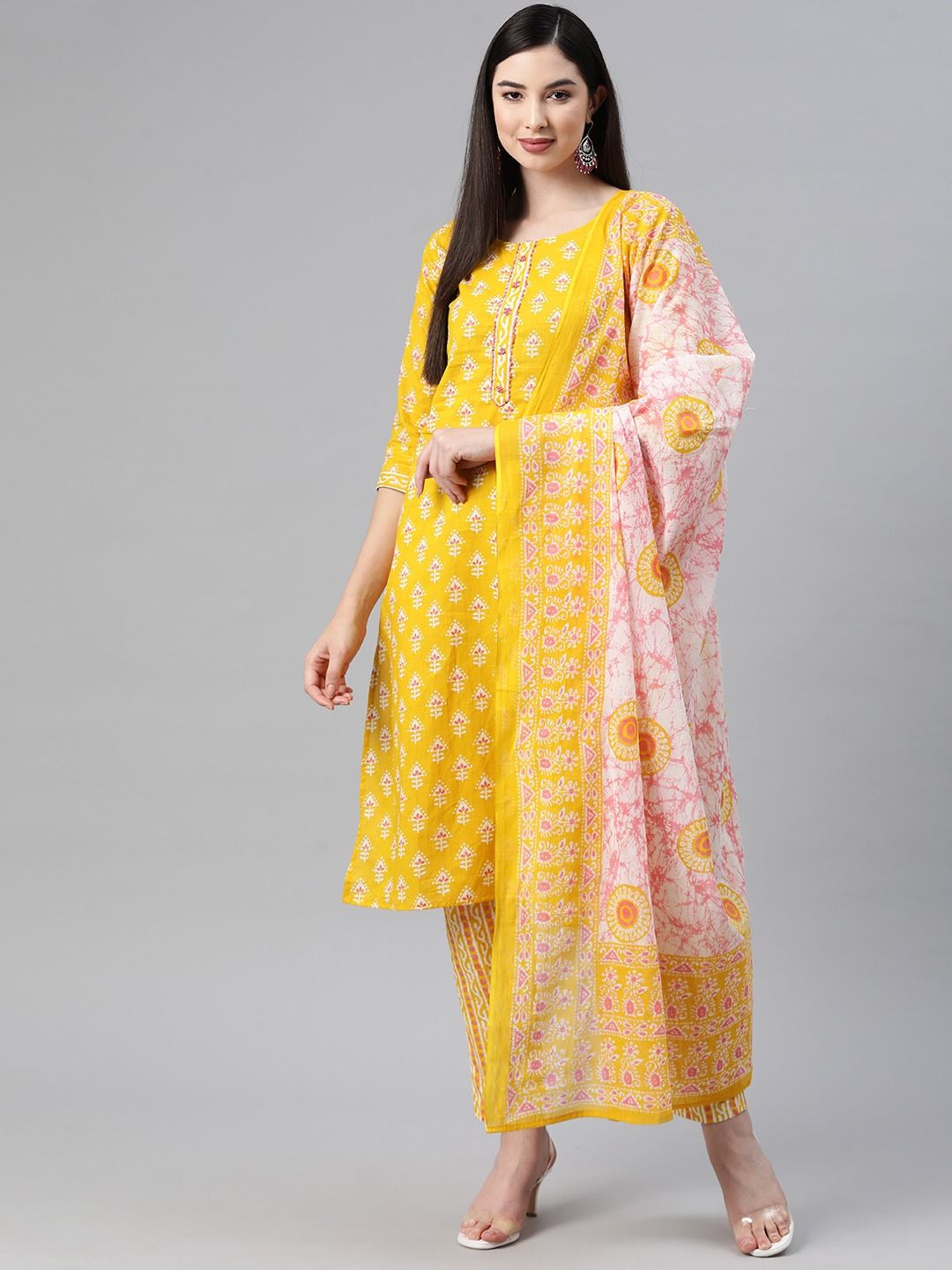 Straight Style Cotton Fabric Yellow Color Kurti And Bottom With Dupatta