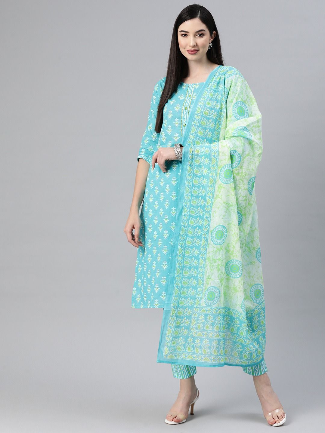 Straight Style Cotton Fabric Blue Color Kurti And Bottom With Dupatta