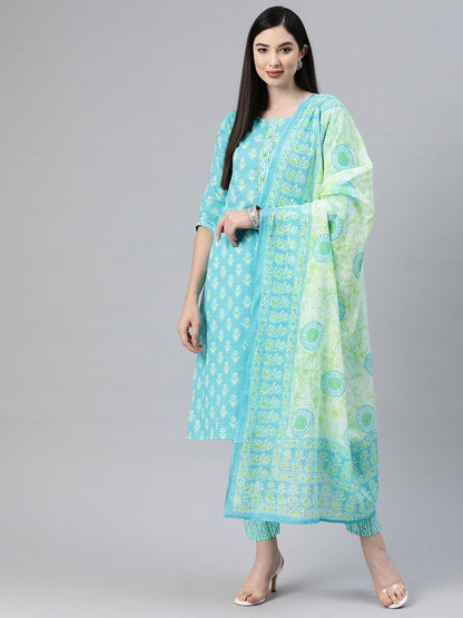 Straight Style Cotton Fabric Blue Color Kurti And Bottom With Dupatta