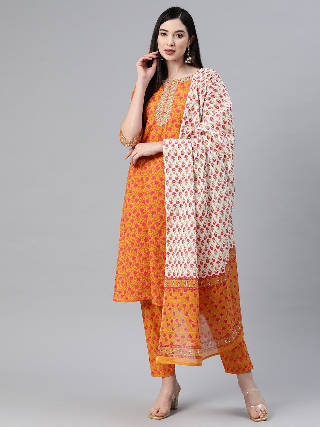 Straight Style Cotton Fabric Mustard Color Kurti And Bottom With Dupatta