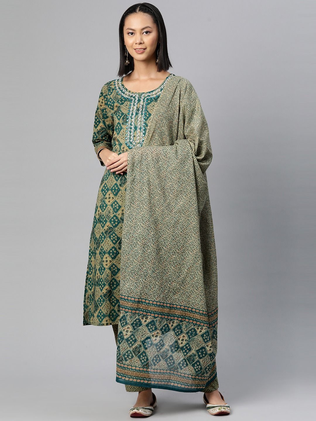 Straight Style Cotton Fabric Green Color Kurti And Bottom With Dupatta