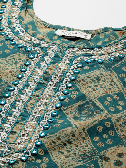 Straight Style Cotton Fabric Green Color Kurti And Bottom With Dupatta