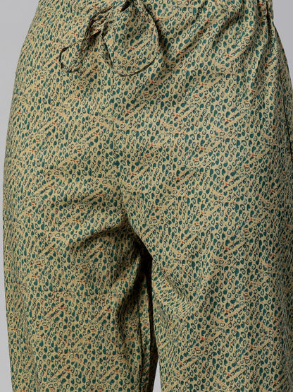 Straight Style Cotton Fabric Green Color Kurti And Bottom With Dupatta