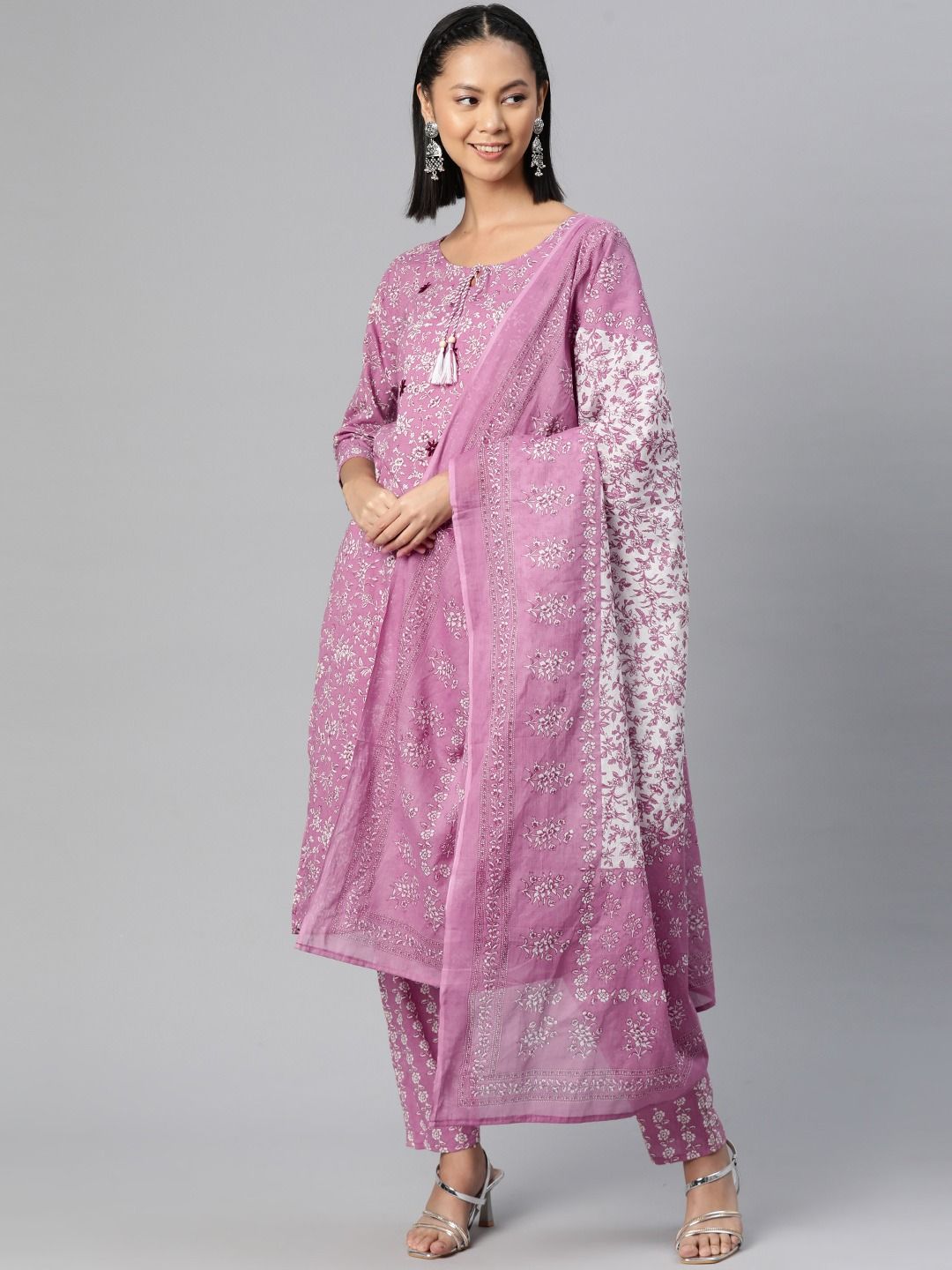 Straight Style Cotton Fabric Purple Color Kurti And Bottom With Dupatta