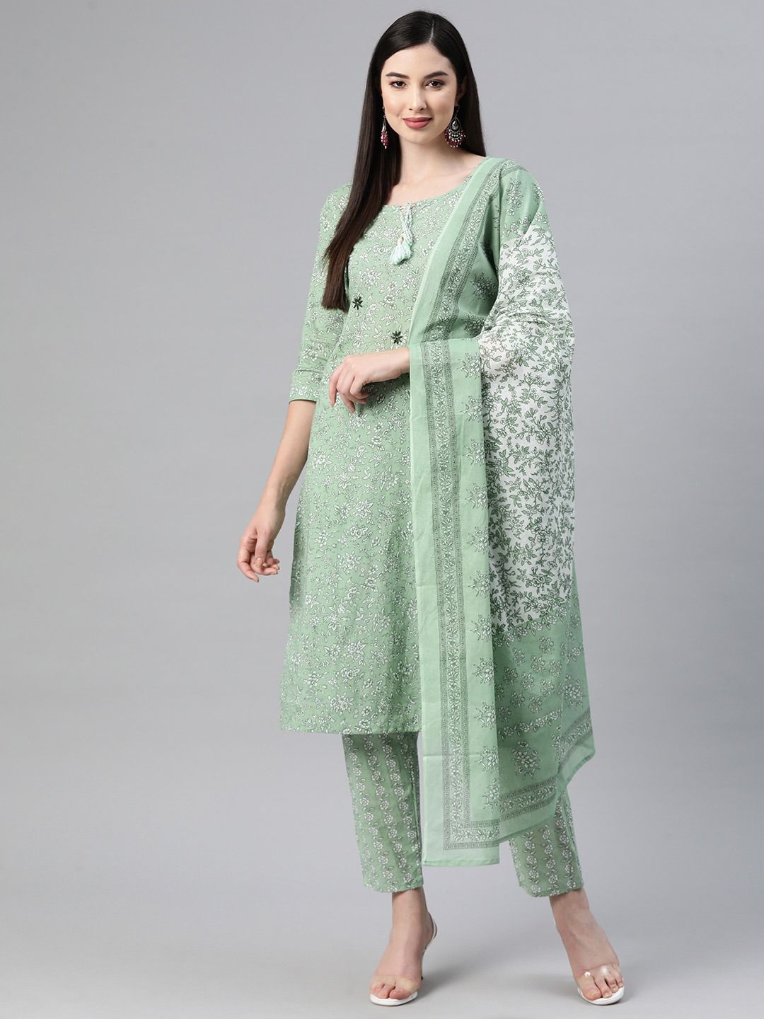 Straight Style Cotton Fabric Green Color Kurti And Bottom With Dupatta