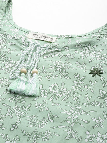 Straight Style Cotton Fabric Green Color Kurti And Bottom With Dupatta