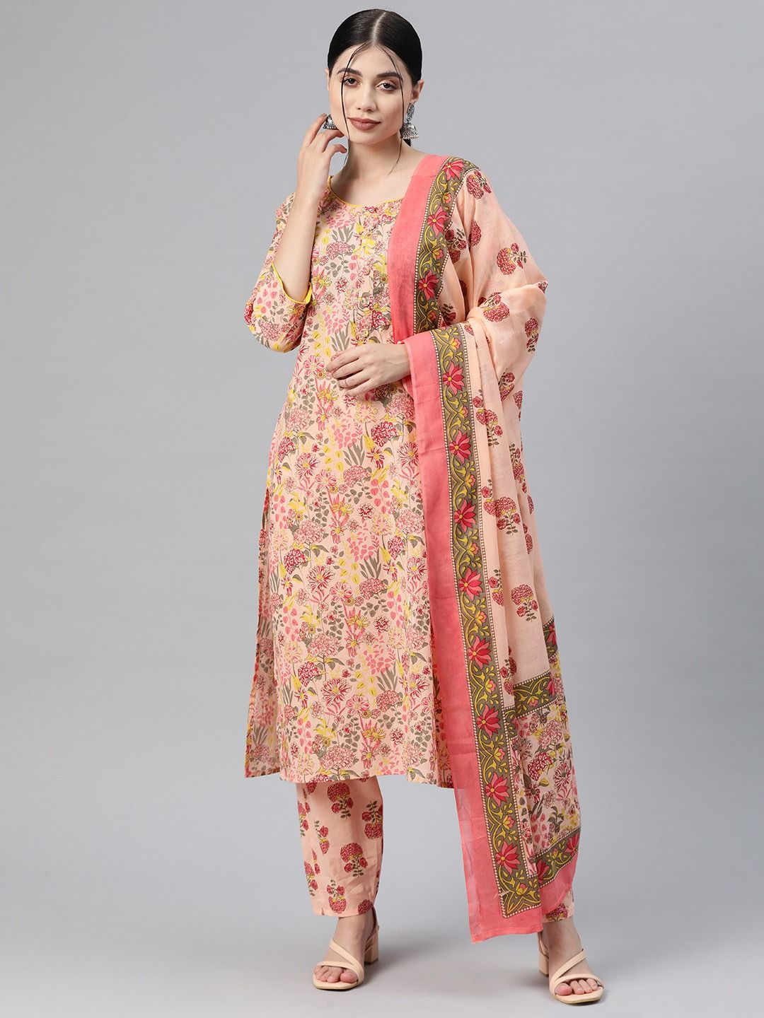 Straight Style Cotton Fabric Peach Color Kurti And Bottom With Dupatta