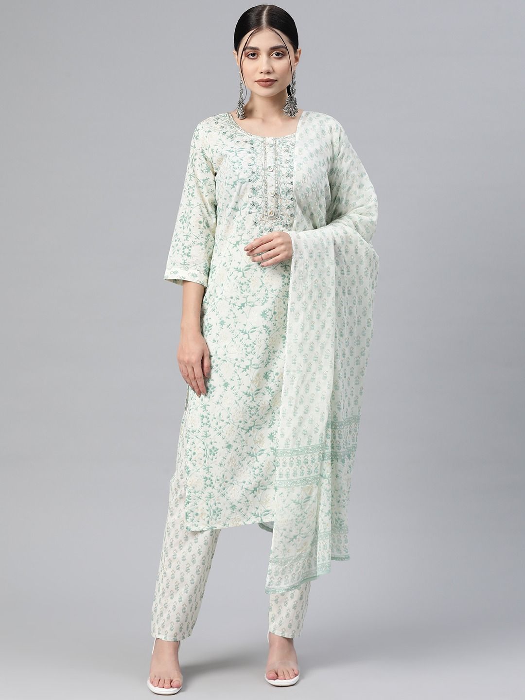 Straight Style Cotton Fabric Cream & Green Color Kurti And Bottom With Dupatta