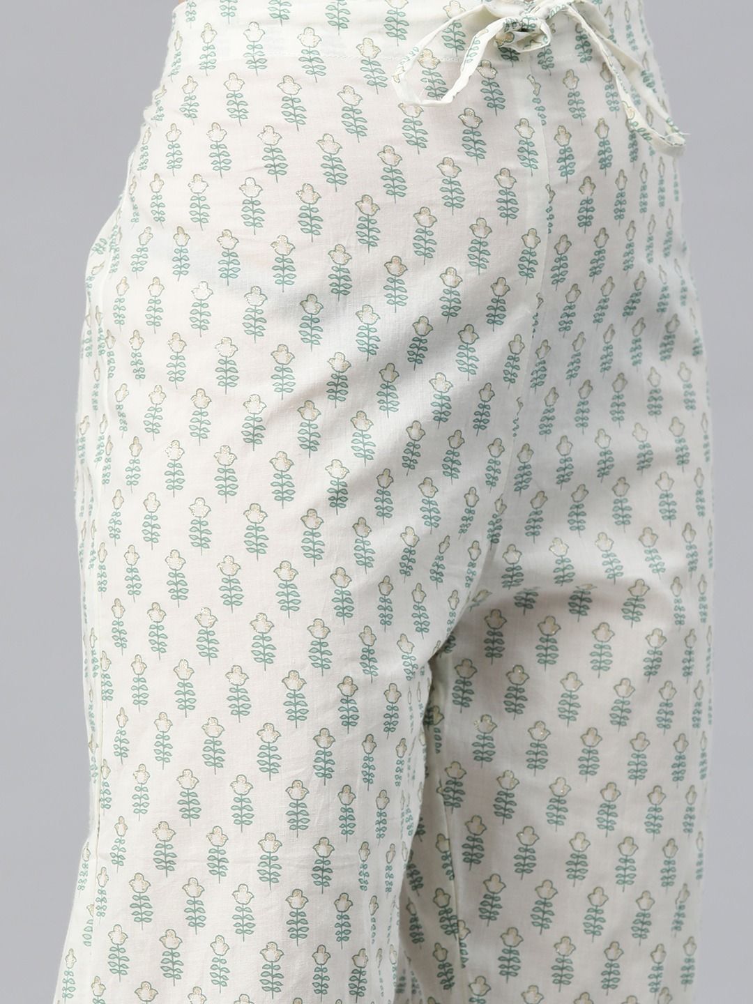 Straight Style Cotton Fabric Cream & Green Color Kurti And Bottom With Dupatta