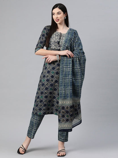 Straight Style Cotton Fabric Navy Blue Color Kurti And Bottom With Dupatta