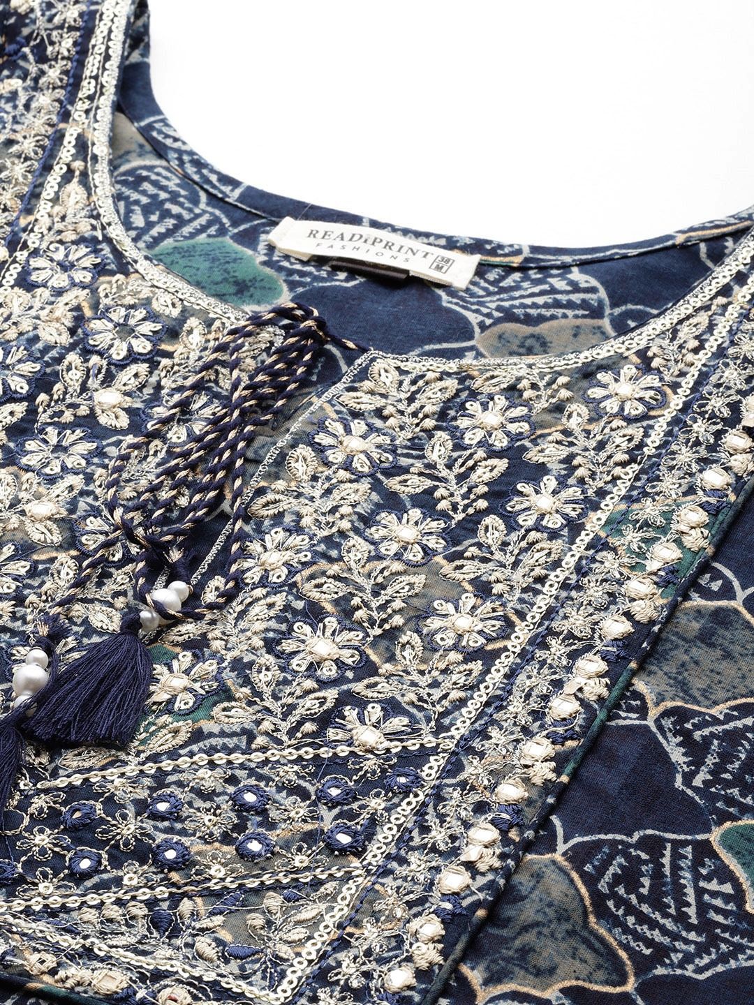 Straight Style Cotton Fabric Navy Blue Color Kurti And Bottom With Dupatta