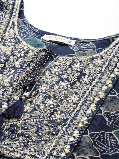 Straight Style Cotton Fabric Navy Blue Color Kurti And Bottom With Dupatta